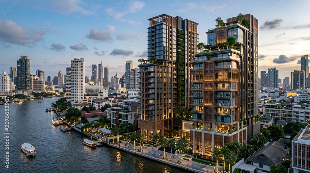 Obraz premium Modern Riverside Apartment Buildings at Dusk, Cityscape, Thailand