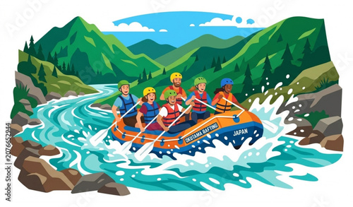Foto Action White Water Rafting on Tama River Okutama Mountains Vector Illustration