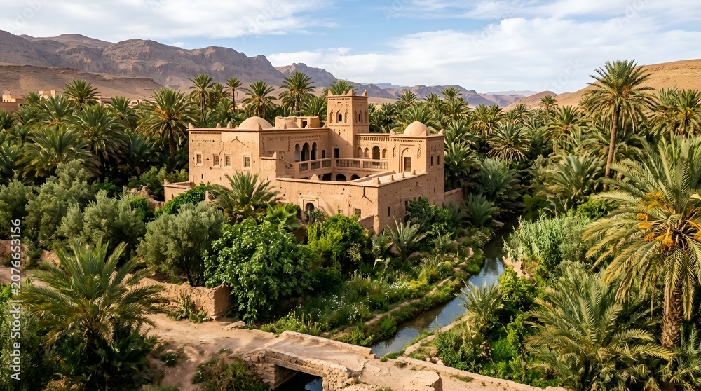 Fototapeta premium Oasis kasbah historic architecture surrounded by lush palm trees and river in desert landscape