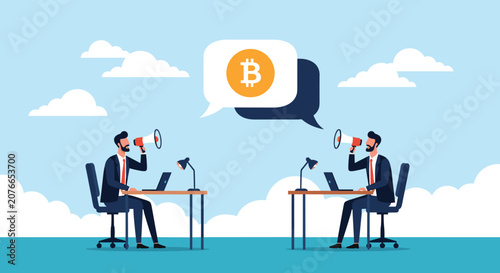 Two business professionals using megaphones to communicate about bitcoin cryptocurrency and digital finance marketing.