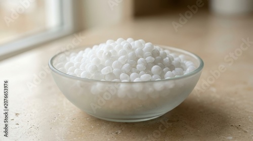 White sodium hydroxide pellets in a glass bowl. Caustic soda lye granules on a stone countertop. Chemical raw material
