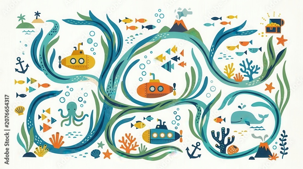 Obraz premium Three submarines explore a lively ocean with fish, coral, a whale, octopus, and treasure