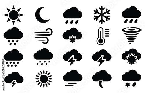 Photos Weather glyph icon set, black vector illustration featuring sun, rain, snow, wind, thunderstorm, climate forecasting symbols, clean UI interface elements, meteorological design