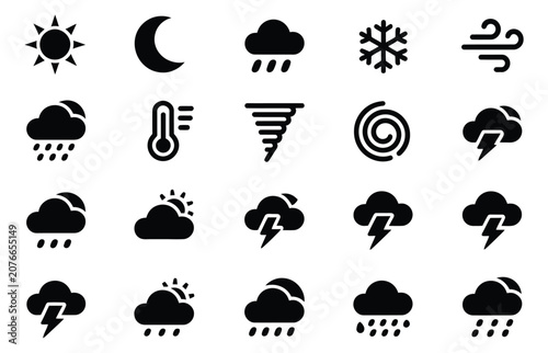 Bild auf Leinwand Weather glyph icon set, black vector illustration featuring sun, rain, snow, wind, thunderstorm, climate forecasting symbols, clean UI interface elements, meteorological design