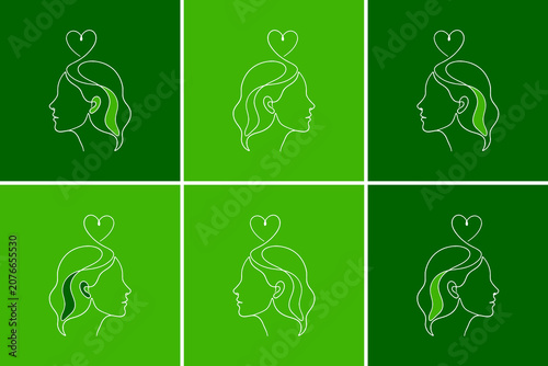 Green tones line art woman silhouette with heart
