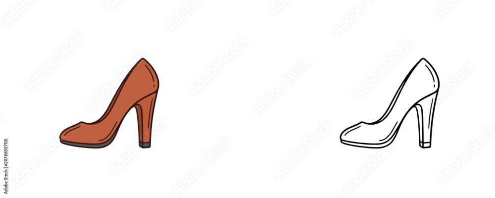 Obraz premium Cartoon high heel shoe illustrations in flat color and black line styles representing women fashion footwear on a white background