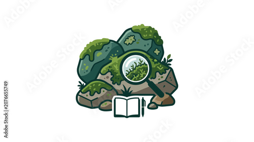 Mossy Rocks Magnified by Lens, Science and Nature Study Illustration