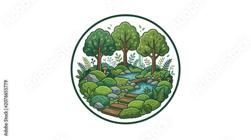 Enchanting Forest Scene: Lush Greenery, Winding Stream, Stone Path, and Trees in Circular Frame