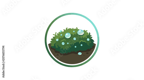 Green moss with water drops in a circle frame, illustration