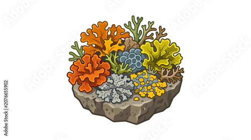 Colorful Lichen and Moss Growth on Rocky Island, Nature Illustration