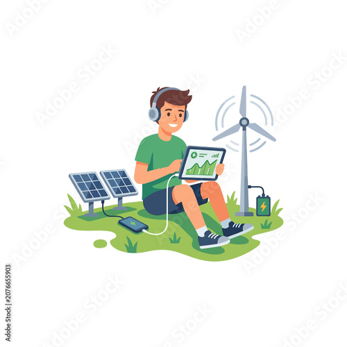 The Image Shows A Young Man Sitting On The Grass With A Laptop In Front Of