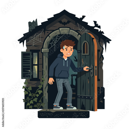 The Image Shows A Young Man Standing In The Doorway Of A Small