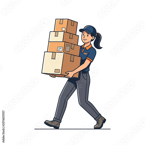 The Image Shows A Young Woman Carrying A Large Stack Of Cardboard Boxes