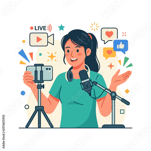 The Image Shows A Young Woman Holding A Microphone And Taking A Selfie She