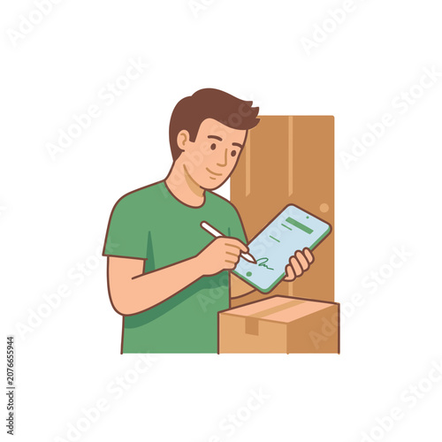 The Image Shows A Young Man Standing In Front Of A Cardboard Box He Is
