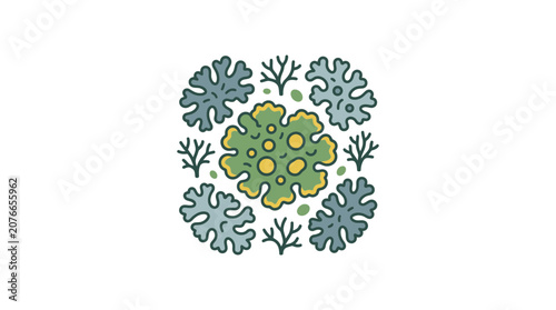 Abstract Botanical Pattern: Green and Blue Lichen Illustration on White Background