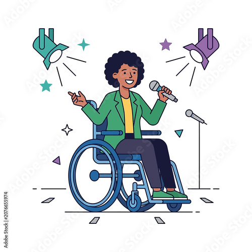 The Image Shows A Young Woman In A Wheelchair Holding A Microphone And