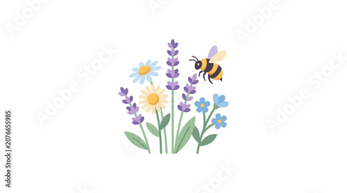 Summer Meadow: Bee Flying Near Lavender, Daisy, and Forget-Me-Not Flowers