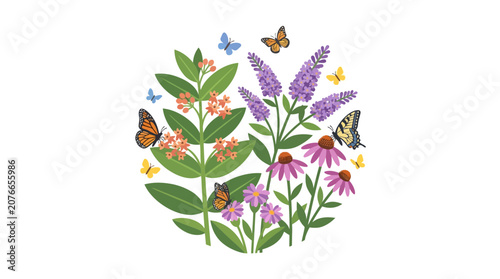 Vibrant Garden Circle with Butterflies and Wildflowers
