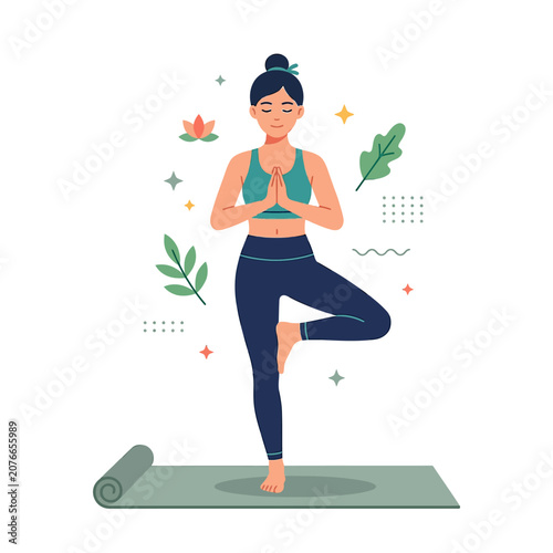 The Image Shows A Young Woman In A Yoga Pose She Is Standing On A Green