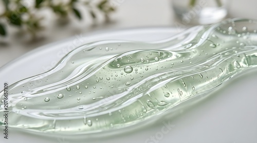 Clear Green Skincare Gel Drops on Transparent Surface