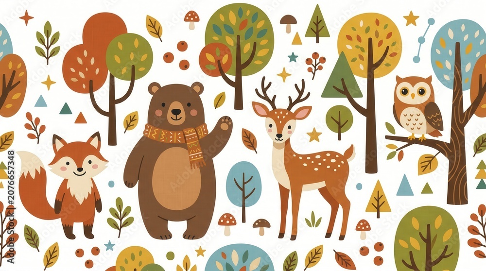 Fototapeta premium Cute cartoon fox, bear, deer, and owl stand among colorful autumn trees and leaves