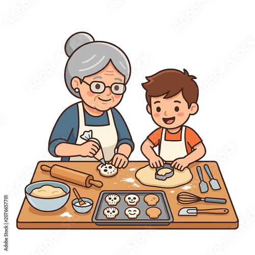 The Image Shows An Elderly Woman And A Young Boy In A Kitchen The Woman Is