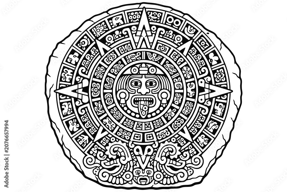 Naklejka premium Ancient aztec sun calendar stone carving illustration Vector