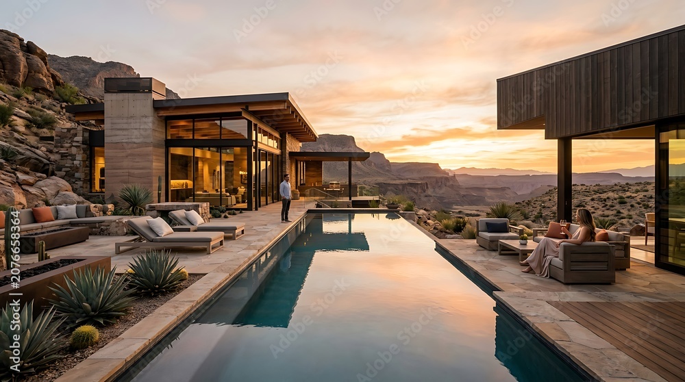 Obraz premium Modern desert home with infinity pool.