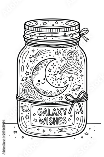 Glass jar with galaxy, moon, and stars, labeled 