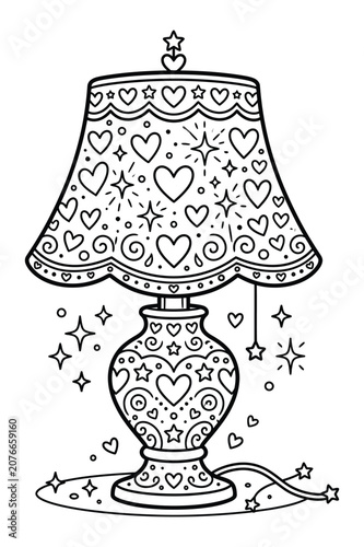 Decorative lamp with hearts and stars, black and white line swirls