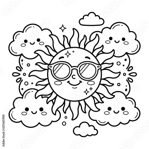 Happy sun with sunglasses surrounded by smiling clouds smile