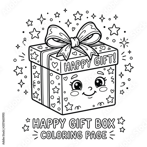 Happy gift box with ribbon and stars, black and white coloring page