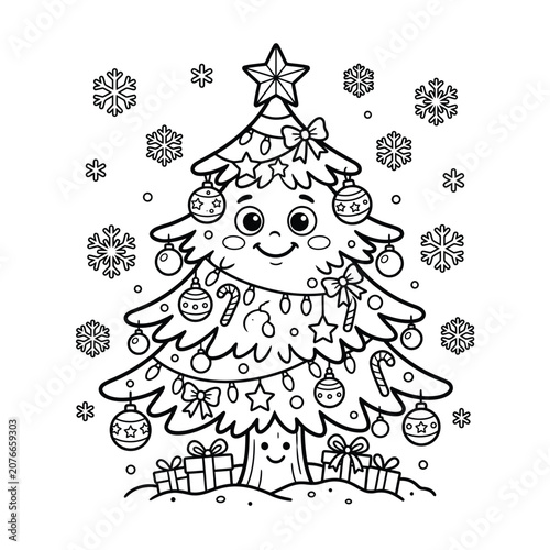 Smiling christmas tree with ornaments, gifts, and snowflakes, black and white line