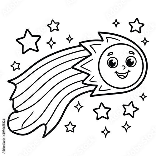 Smiling comet with rainbow tail and stars, black and white line smile face eyes happy