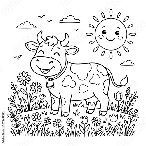 Smiling cow in a flower field under a cheerful sun animal farm flowers daisies