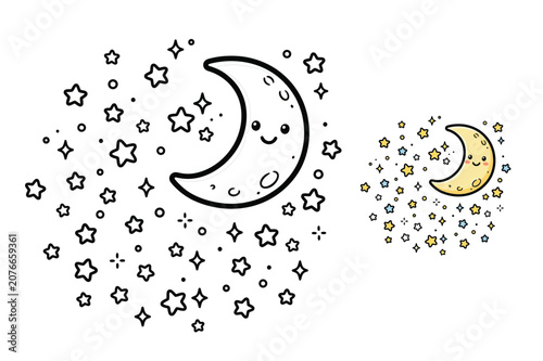 Smiling crescent moon with stars in night sky smile face