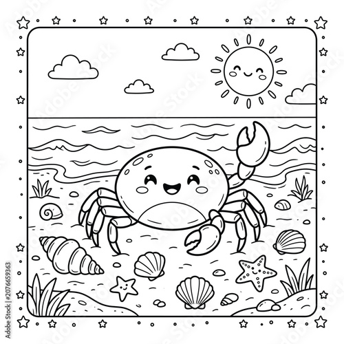 Smiling crab on a sunny beach with seashells and starfish ocean desig