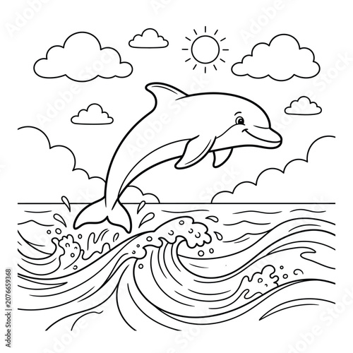 Smiling dolphin leaping over ocean waves under sunny sky jumping