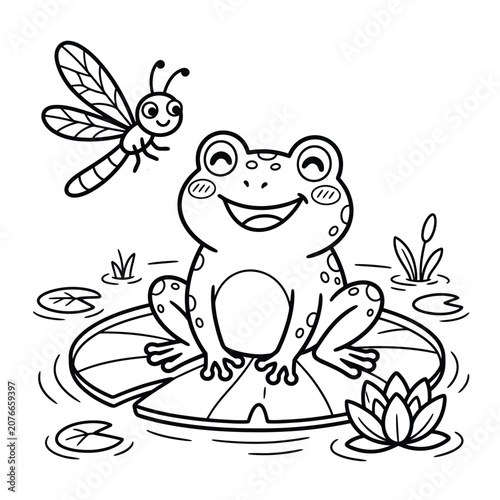 Smiling frog on lily pad with dragonfly, black and white line pond