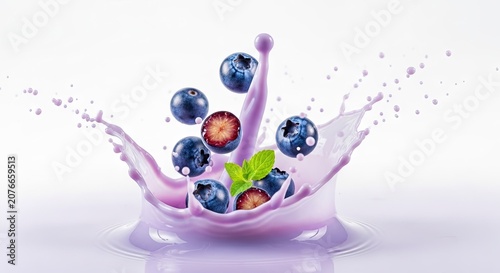 Artistic splash of blueberry yogurt with whole berries.