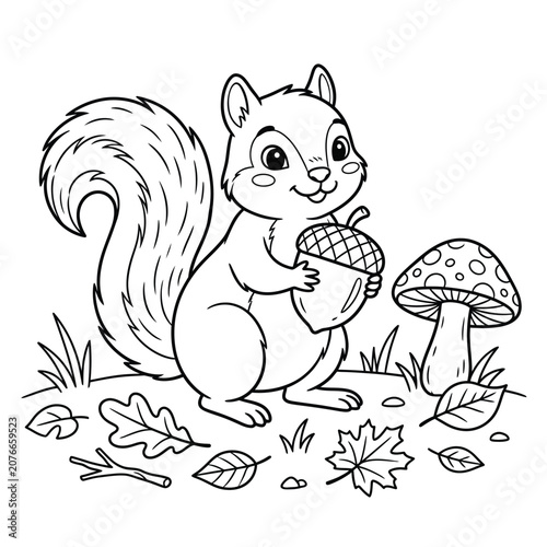 Squirrel holding acorn with mushrooms and leaves, black and white line grass