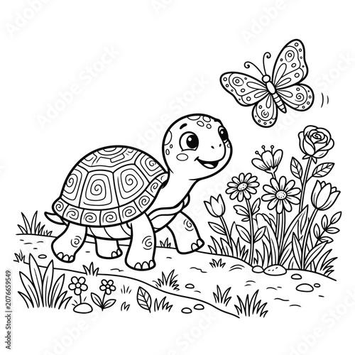 Turtle walking beside flowers with butterfly and rose
