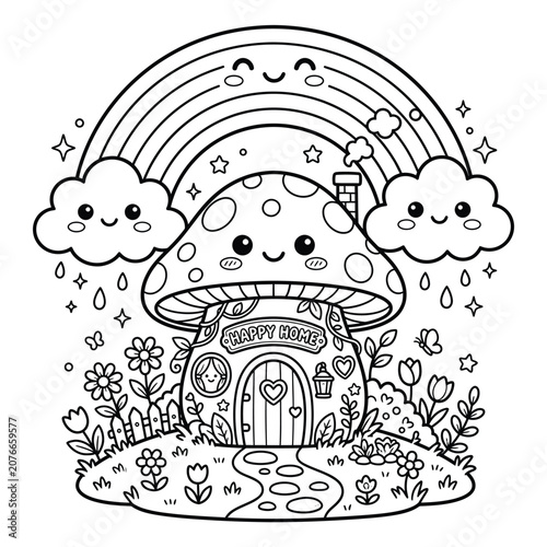 Whimsical mushroom house with rainbow, clouds, and flowers