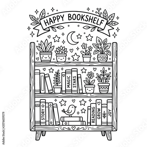 Whimsical bookshelf with plants, stars, and books, black and white moon