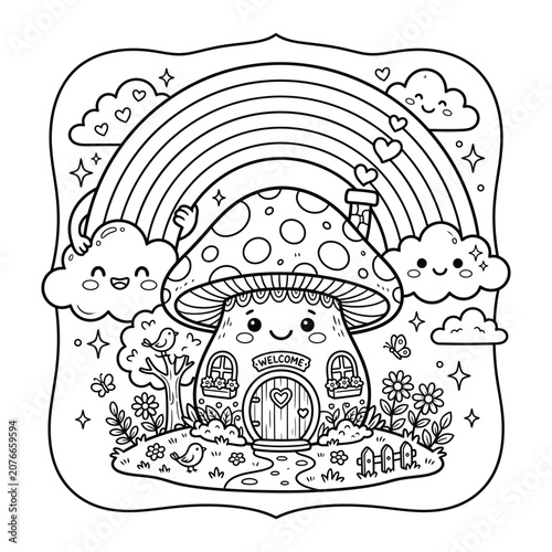 Whimsical mushroom house with rainbow, clouds, and smiling faces