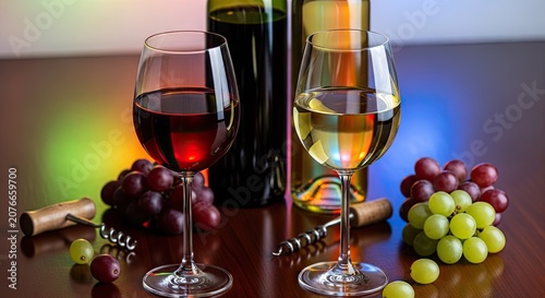 Assorted wine glasses and bottles with grapes.