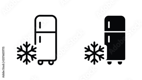 Refrigerator icon set, vector illustration featuring fridge and freezer symbols with cooling snowflake, outline and solid styles, kitchen appliances, food storage, household design elements.
