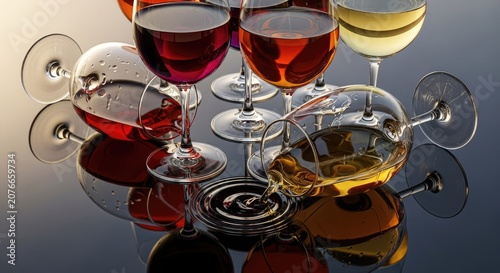 Assorted wine glasses with red and white wine reflections.
