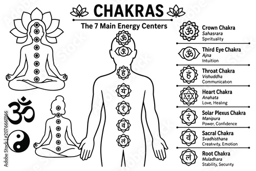 Seven chakras energy centers diagram with human body outline Vector